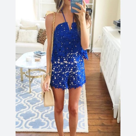 J.O.A Los Angeles Halter Neck Lace Romper in Royal Blue Size small - Picture 5 of 10